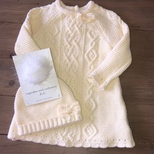 Cream colored knitted dress with matching hat